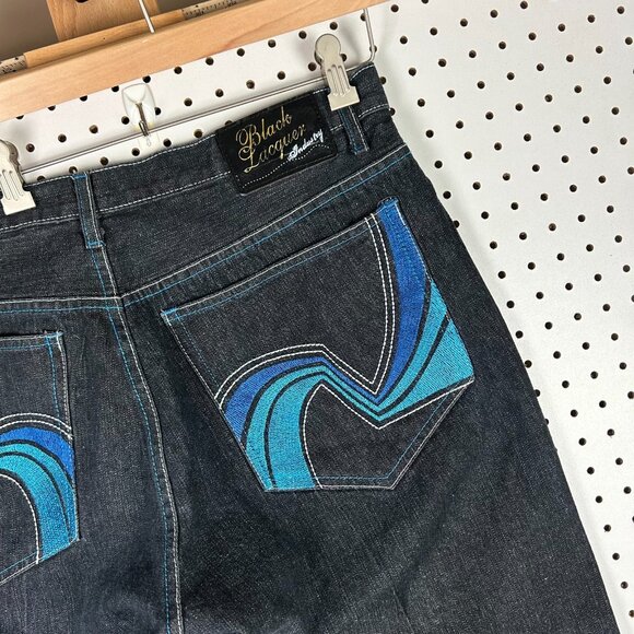 Black Lacquer Y2K Embroidered Jeans 38x31 Skater Punk Streetwear Black Goth 90s - Picture 3 of 7